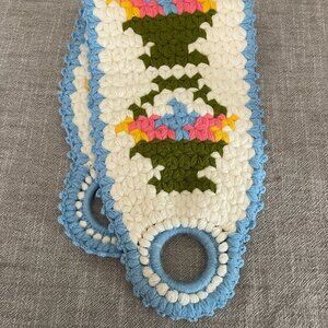 Hand Made Crochet Tea Pot/Potholder Blue Green 25" x 7" Easter Basket Print!